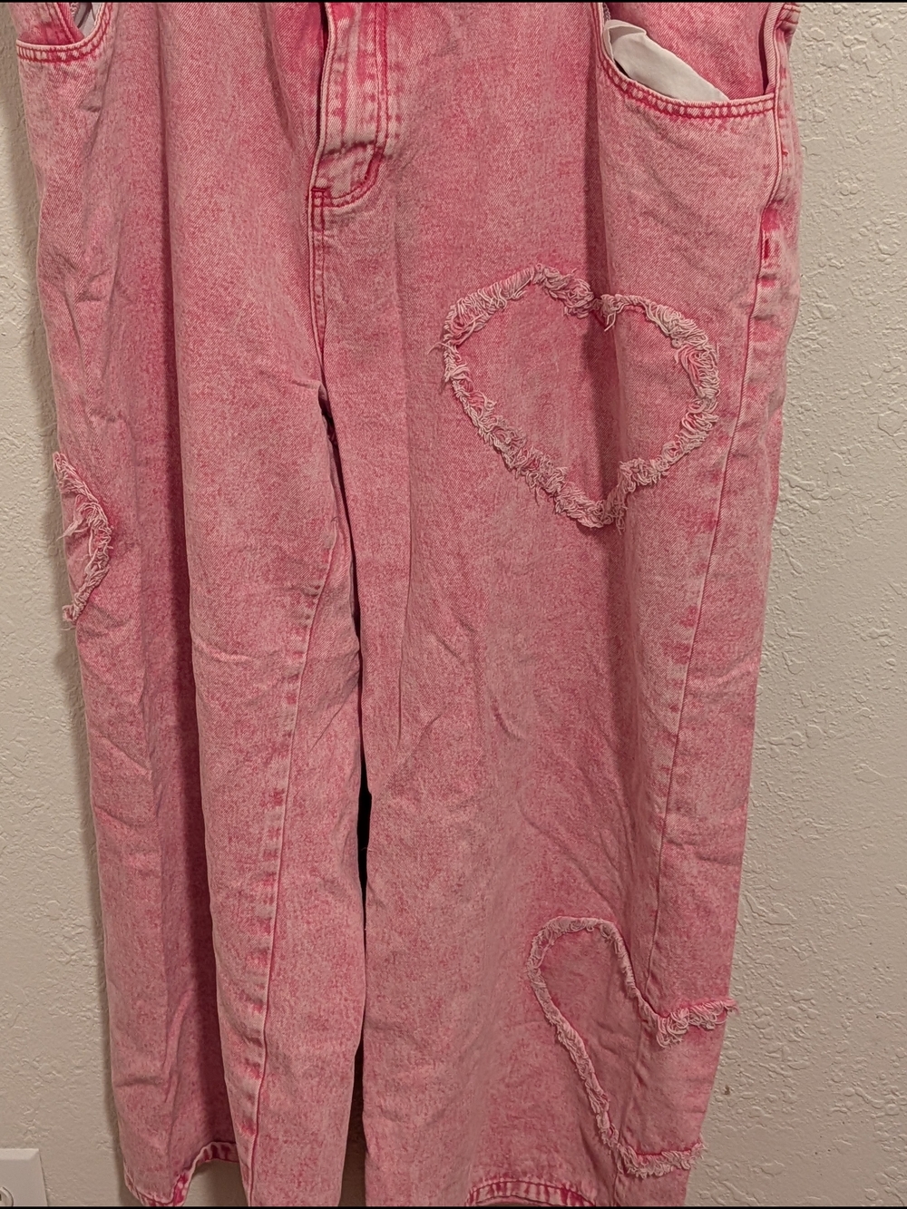 Amazon Pink Wide-Leg Flare Jeans with Frayed Heart Details